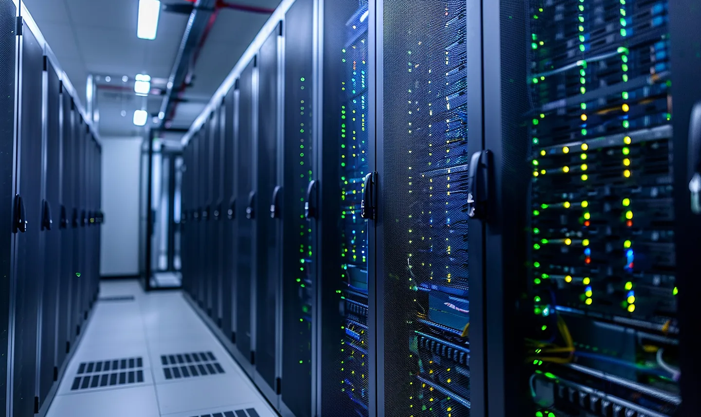 Serverraum mit beleuchteten Racks